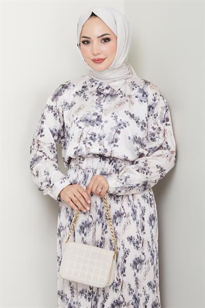 Saten Buğulu Piliseli Antrasit Etekli Takım