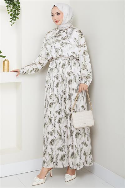 Saten Buğulu Piliseli Haki Etekli Takım