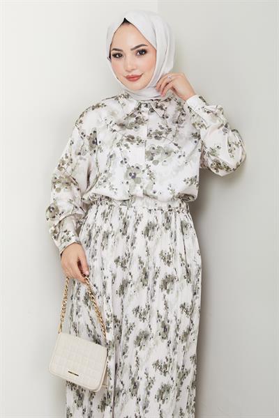 Saten Buğulu Piliseli Haki Etekli Takım