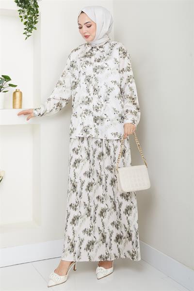 Saten Buğulu Piliseli Haki Etekli Takım