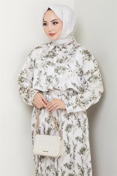 Saten Buğulu Piliseli Haki Etekli Takım