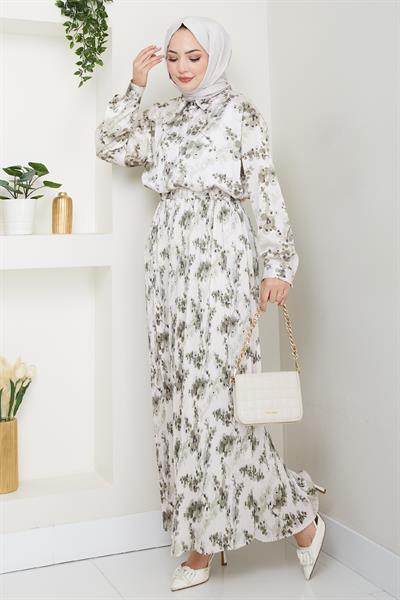 Saten Buğulu Piliseli Haki Etekli Takım