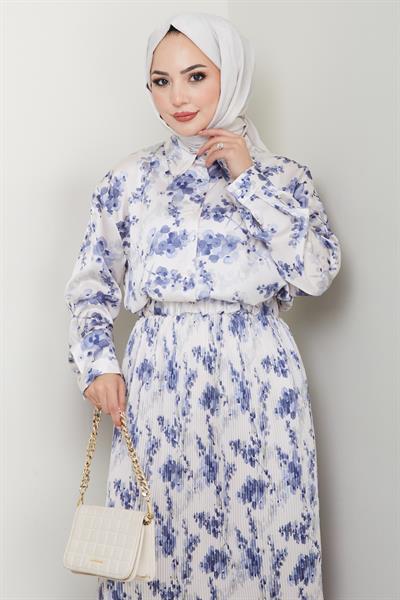 Saten Buğulu Piliseli İndigo Etekli Takım