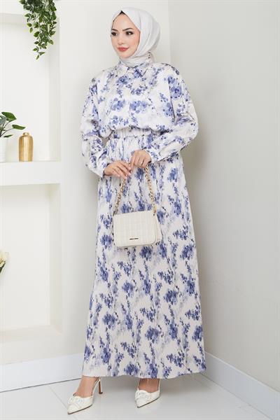 Saten Buğulu Piliseli İndigo Etekli Takım