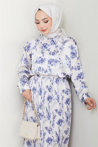 Saten Buğulu Piliseli İndigo Etekli Takım