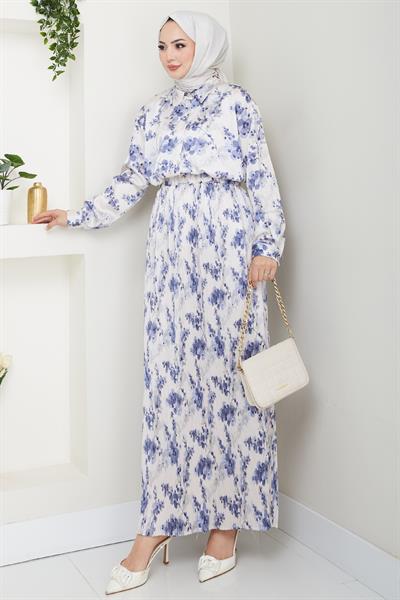 Saten Buğulu Piliseli İndigo Etekli Takım