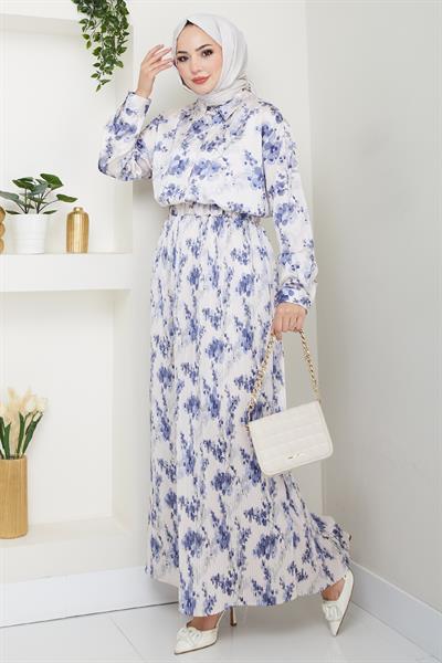 Saten Buğulu Piliseli İndigo Etekli Takım