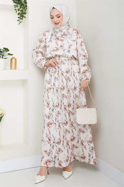 Saten Buğulu Piliseli Kahverengi Etekli Takım