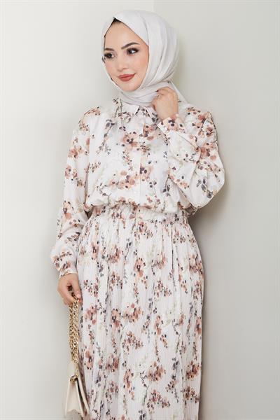 Saten Buğulu Piliseli Kahverengi Etekli Takım