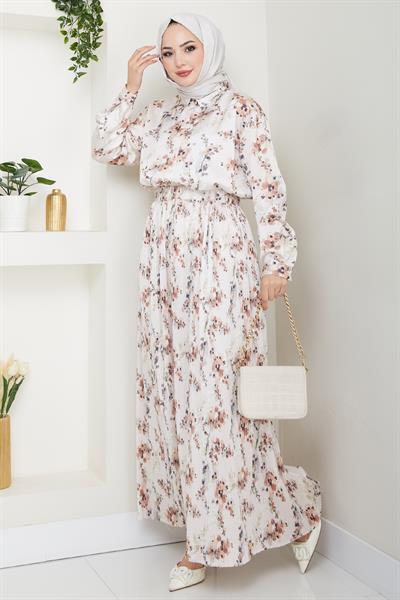 Saten Buğulu Piliseli Kahverengi Etekli Takım