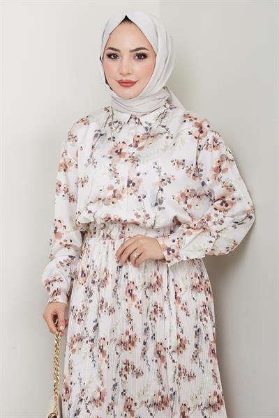 Saten Buğulu Piliseli Kahverengi Etekli Takım