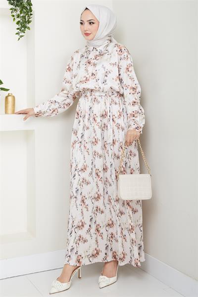 Saten Buğulu Piliseli Kahverengi Etekli Takım