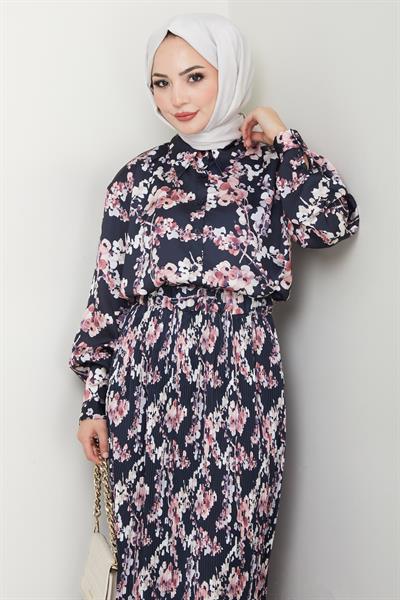 Saten Buğulu Piliseli Siyah Etekli Takım