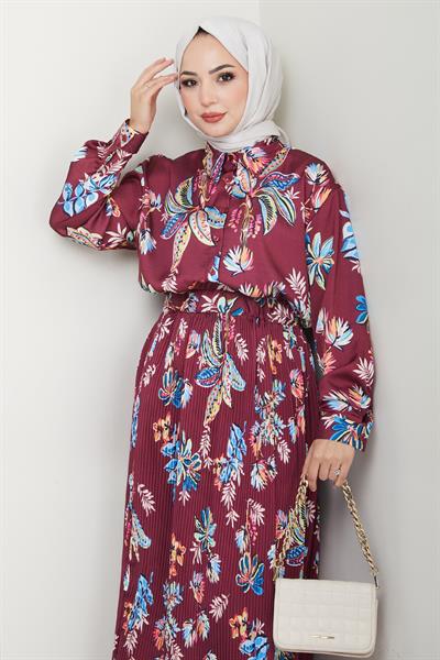 Saten Çiçekli Bordo Piliseli Etekli Takım