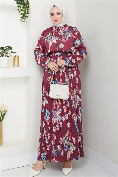 Saten Çiçekli Bordo Piliseli Etekli Takım