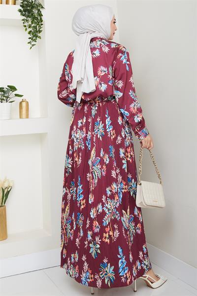 Saten Çiçekli Bordo Piliseli Etekli Takım