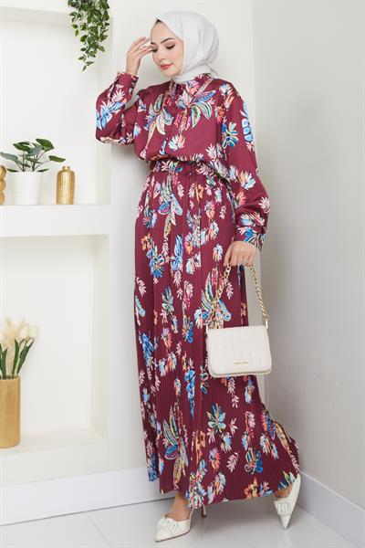 Saten Çiçekli Bordo Piliseli Etekli Takım