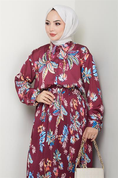 Saten Çiçekli Bordo Piliseli Etekli Takım