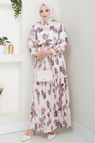 Saten Çiçekli Fuşya Piliseli Etekli Takım