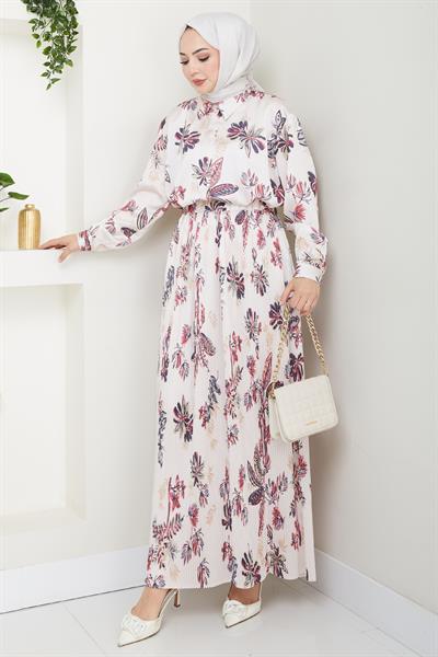 Saten Çiçekli Fuşya Piliseli Etekli Takım