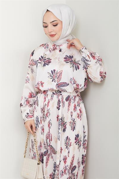 Saten Çiçekli Fuşya Piliseli Etekli Takım