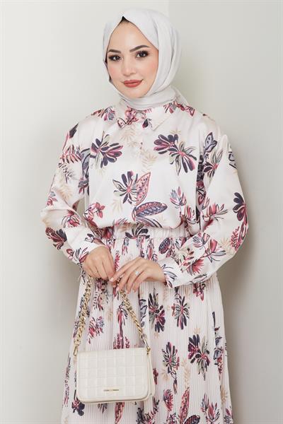 Saten Çiçekli Fuşya Piliseli Etekli Takım