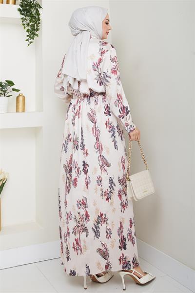 Saten Çiçekli Fuşya Piliseli Etekli Takım