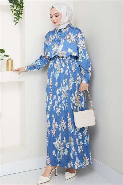 Saten Çiçekli İndigo Piliseli Etekli Takım