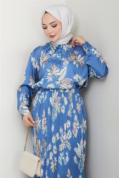 Saten Çiçekli İndigo Piliseli Etekli Takım