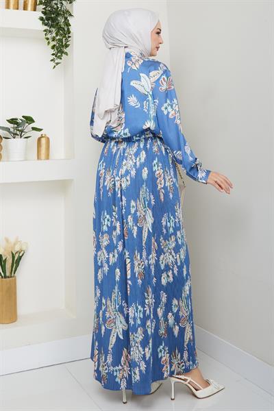 Saten Çiçekli İndigo Piliseli Etekli Takım