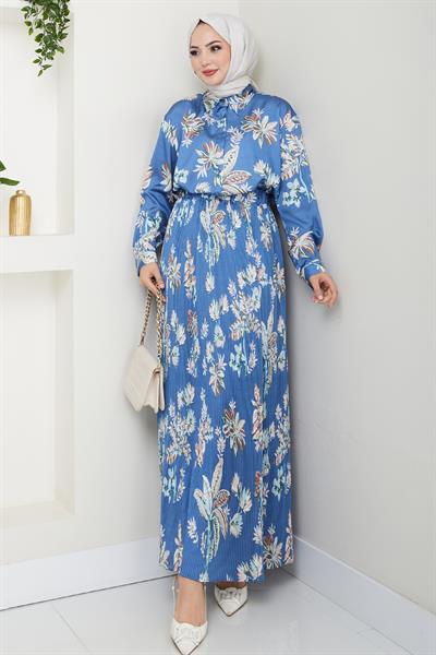 Saten Çiçekli İndigo Piliseli Etekli Takım