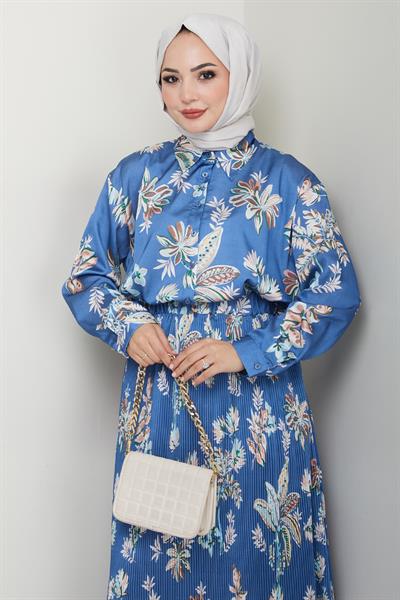 Saten Çiçekli İndigo Piliseli Etekli Takım