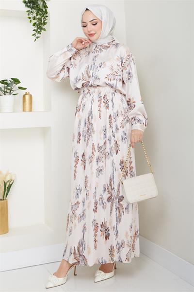 Saten Çiçekli Kahverengi Piliseli Etekli Takım