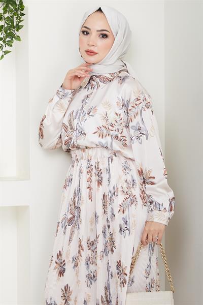 Saten Çiçekli Kahverengi Piliseli Etekli Takım