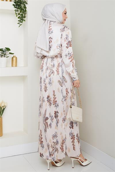 Saten Çiçekli Kahverengi Piliseli Etekli Takım