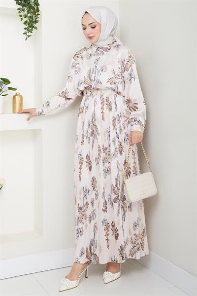 Saten Çiçekli Kahverengi Piliseli Etekli Takım