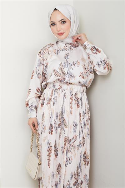 Saten Çiçekli Kahverengi Piliseli Etekli Takım