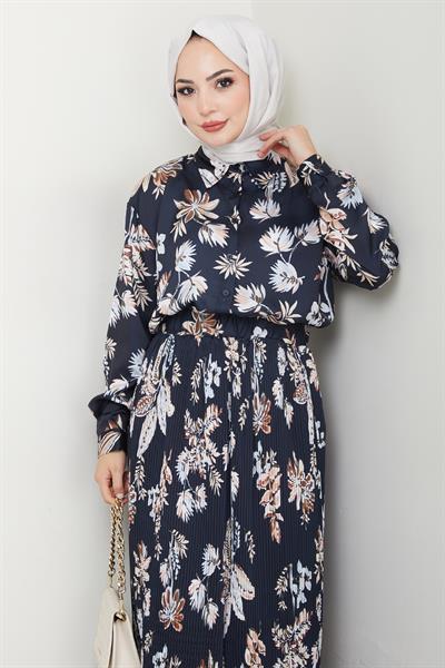 Saten Çiçekli Siyah Piliseli Etekli Takım