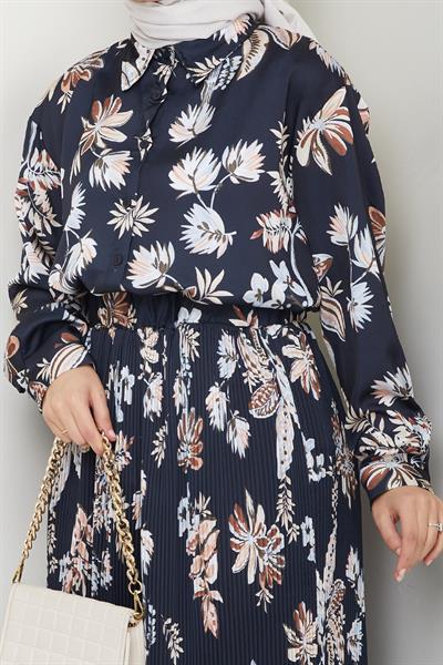 Saten Çiçekli Siyah Piliseli Etekli Takım