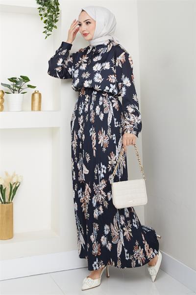 Saten Çiçekli Siyah Piliseli Etekli Takım