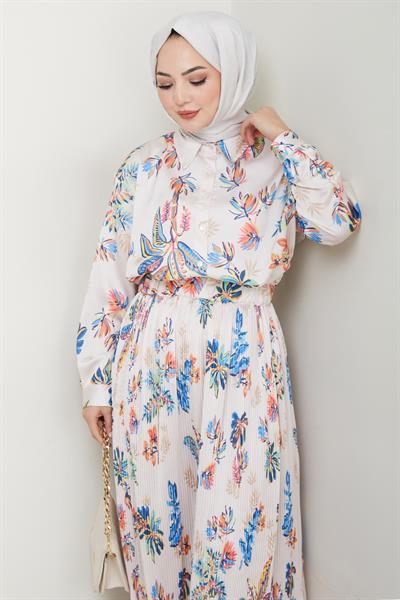 Saten Çiçekli Turuncu Piliseli Etekli Takım