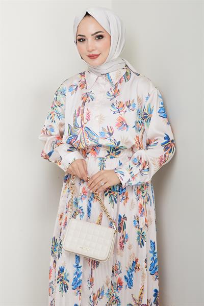 Saten Çiçekli Turuncu Piliseli Etekli Takım