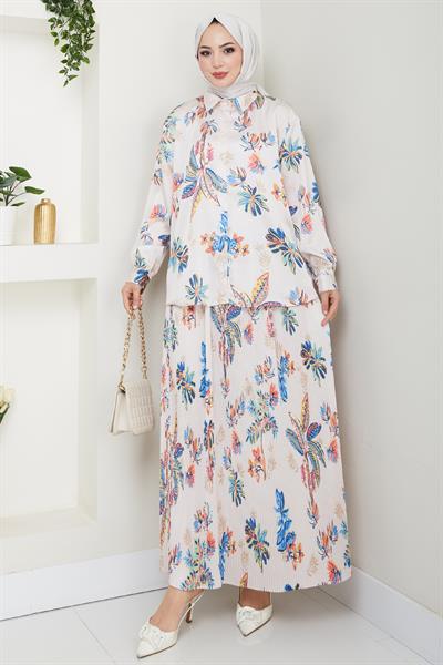 Saten Çiçekli Turuncu Piliseli Etekli Takım