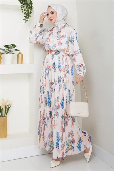 Saten Çiçekli Turuncu Piliseli Etekli Takım