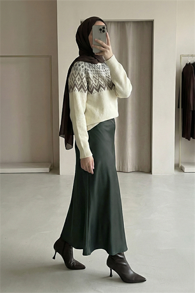 Saten Haki Kloş Etek