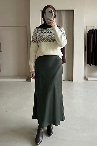 Saten Haki Kloş Etek