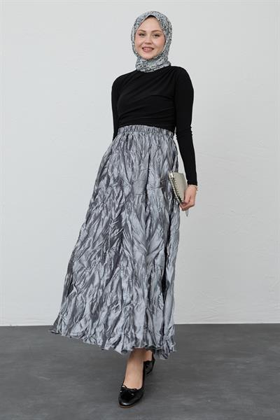 Saten Kraş Gri Etek