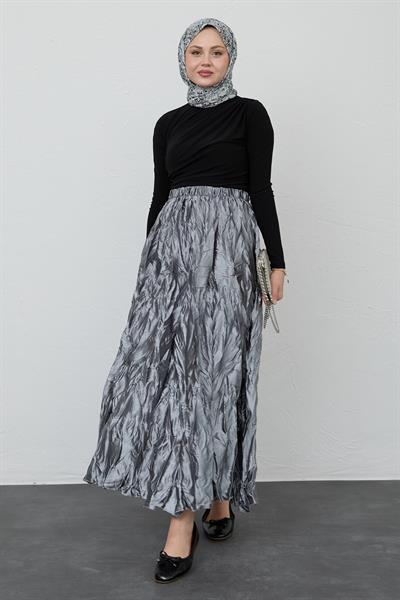 Saten Kraş Gri Etek