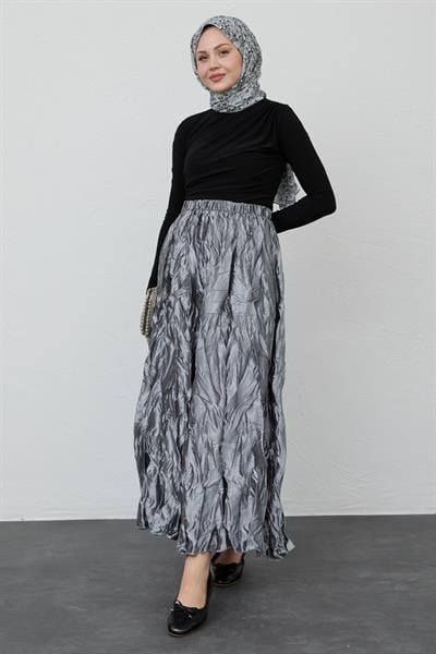 Saten Kraş Gri Etek