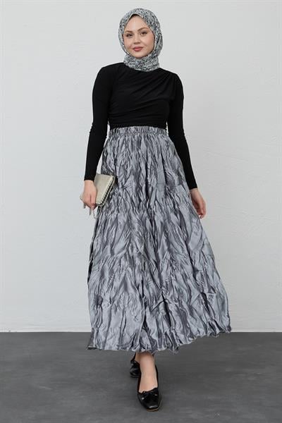 Saten Kraş Gri Etek